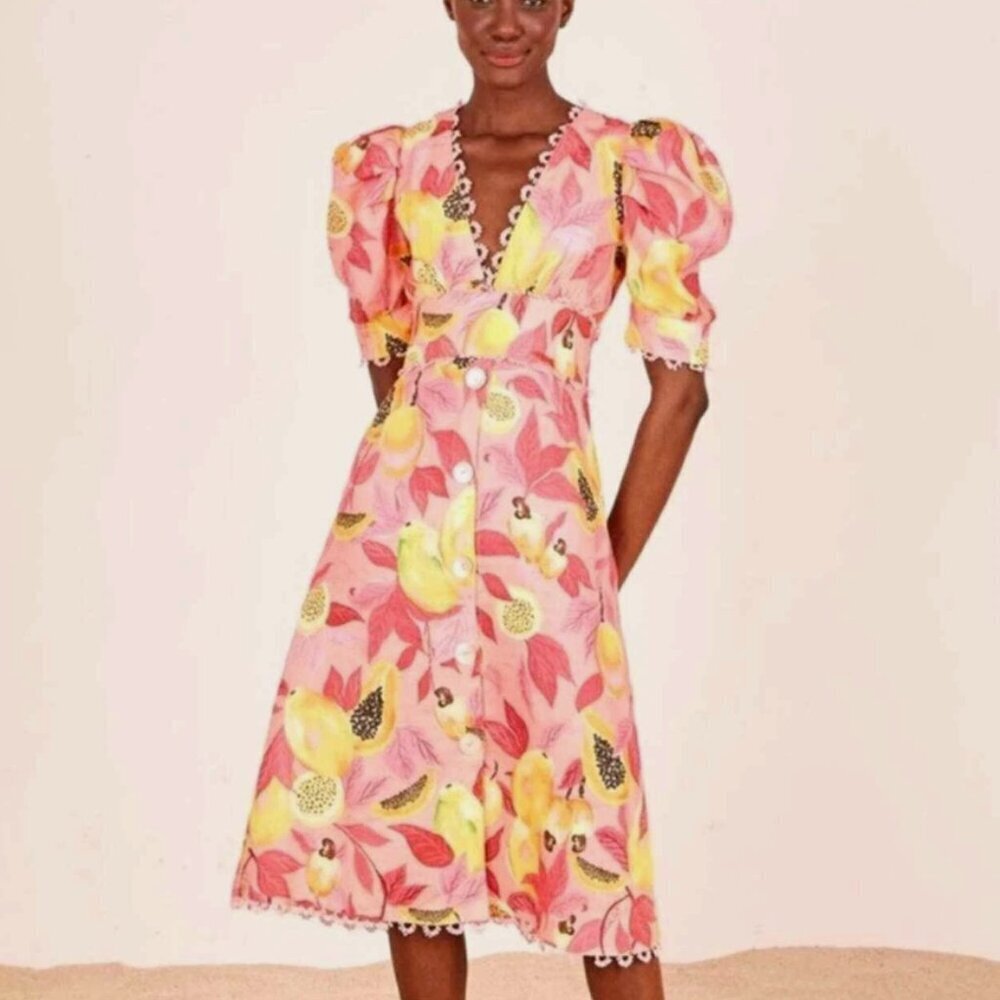 Farm Rio Pink Papaya Leaf Dress Linen Button Down Midi Short Sleeve Size Small - Picture 2 of 13